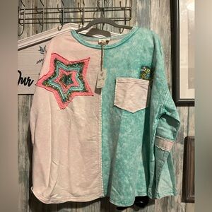 Sage+Fig L Star Patchwork Shirt - Mineral Wash Teal and Pink